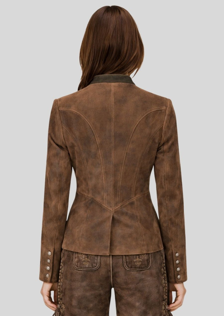 Braune Trachtenlederjacke Damen Rückansicht