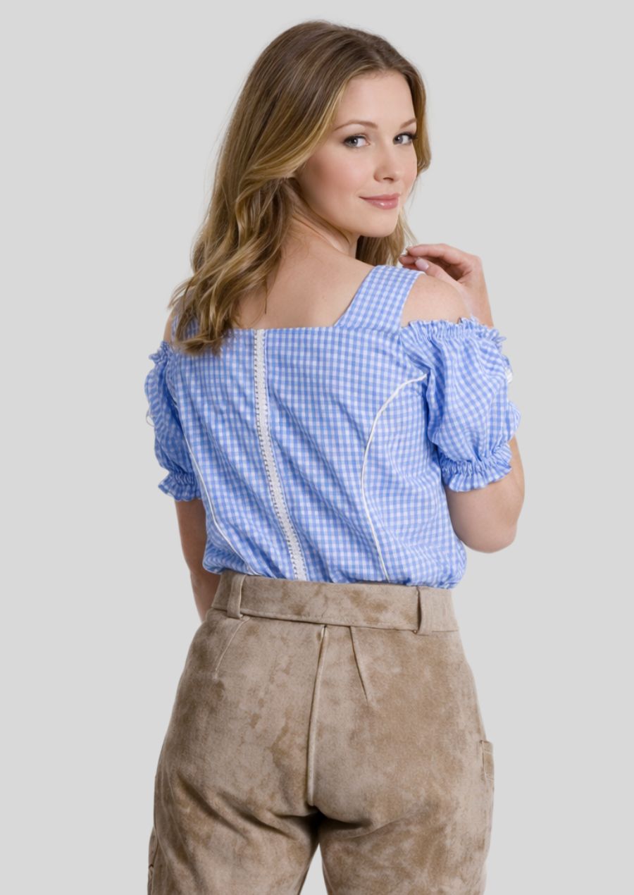 Elegante Damen Trachtenbluse mit blauem Karomuster für Oktoberfest und festliche Anlässe – Rückansicht mit hochwertiger Verarbeitung