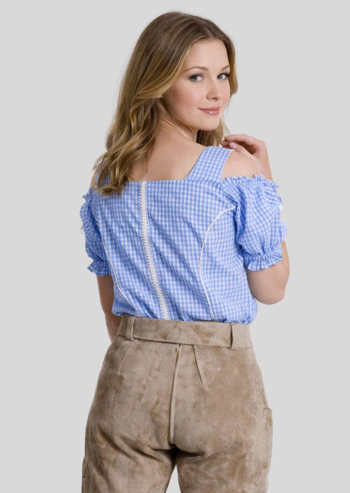 Elegante Damen Trachtenbluse mit blauem Karomuster für Oktoberfest und festliche Anlässe – Rückansicht mit hochwertiger Verarbeitung