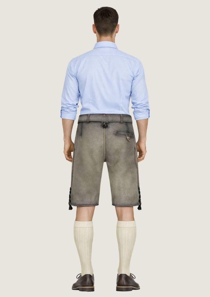 Traditionelle graue Wildleder Lederhose für Herren mit österreichischer Stickerei im Trachtenstil