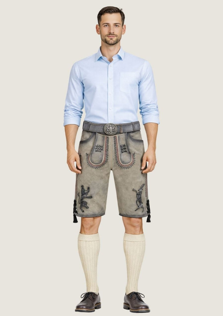 Graue Wildleder Lederhose für Herren mit traditioneller österreichischer Stickerei im Trachtenstil