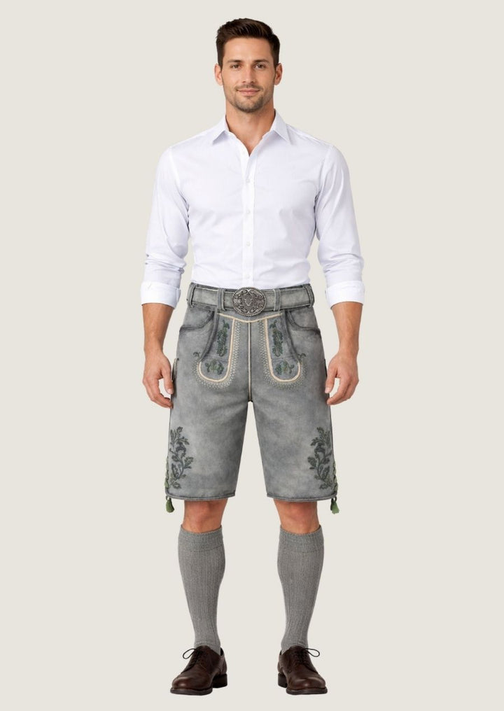 Graue Wildleder Lederhose für Herren mit feiner Stickerei im klassischen Trachtenstil