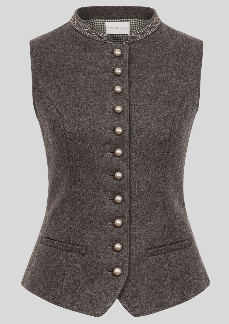 Detail Kragen Stickerei graue Trachtenweste Damen