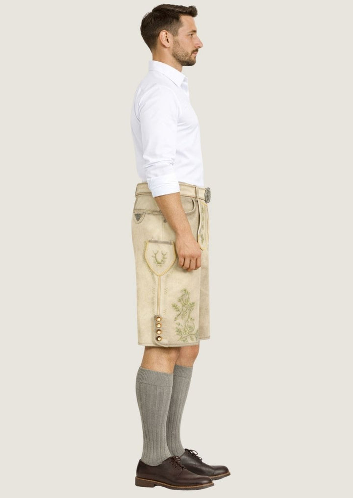 Hochwertige beige Lederhose aus Ziegenvelours für Herren mit klassischem Schnitt