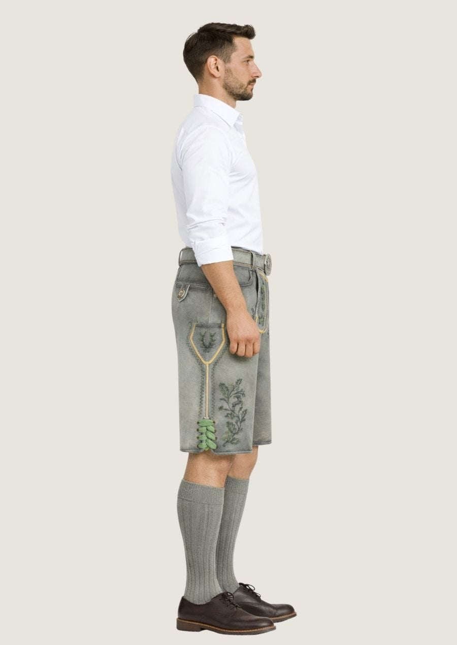 Herren Trachtenlederhose aus grauem Wildleder mit dekorativer Stickerei