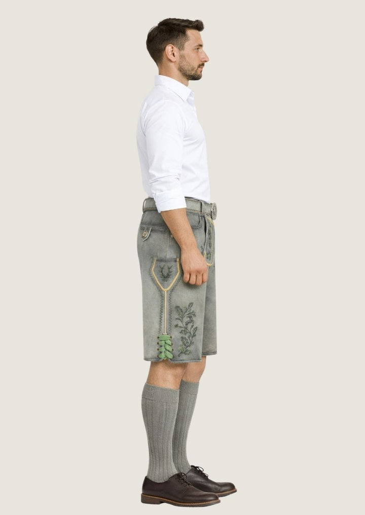 Herren Trachtenlederhose aus grauem Wildleder mit dekorativer Stickerei