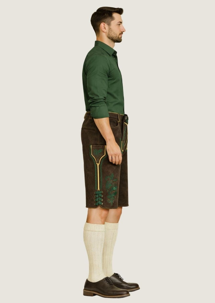 Herren Lederhose aus braunem Wildleder mit dekorativer Blumenstickerei