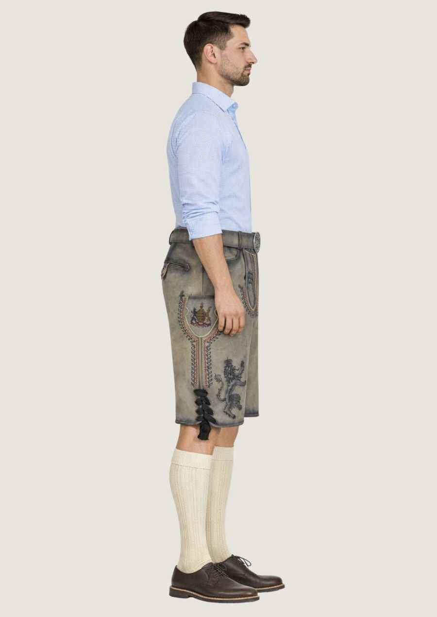 Herren Trachtenlederhose aus grauem Wildleder mit feiner Österreich Stickerei