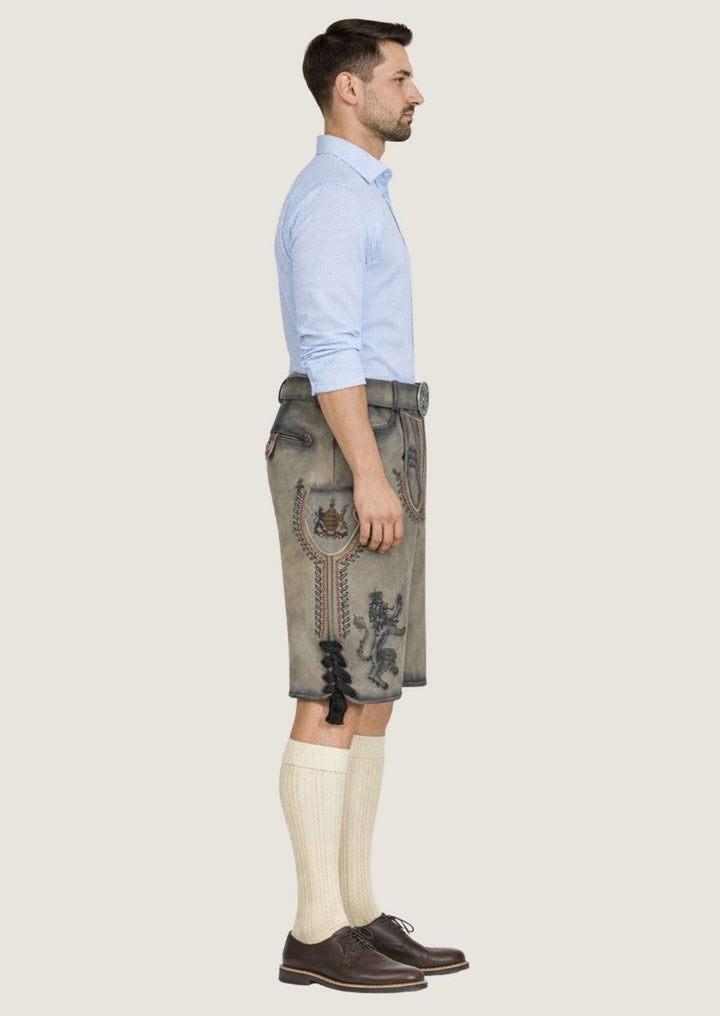 Herren Trachtenlederhose aus grauem Wildleder mit feiner Österreich Stickerei