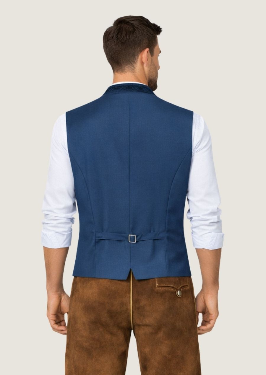 Elegante Herren Trachtenweste aus blauem Samt für Oktoberfest und Trachtenmode