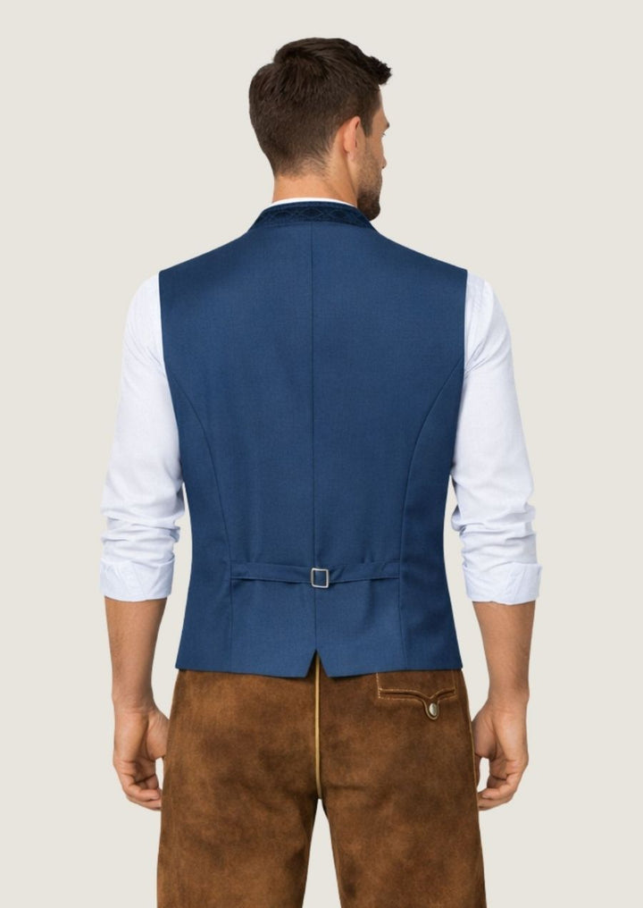 Elegante Herren Trachtenweste aus blauem Samt für Oktoberfest und Trachtenmode