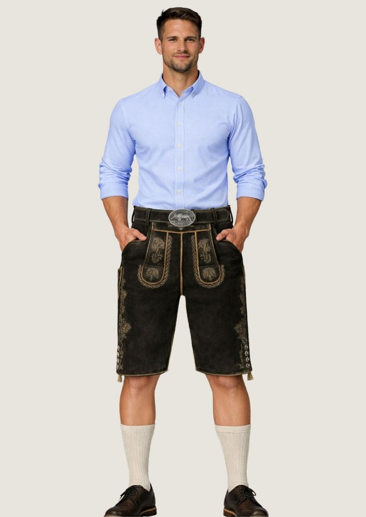 Herren Ziegenvelours Lederhose aus weichem Wildleder, ideal für das Oktoberfest und traditionelle Trachten