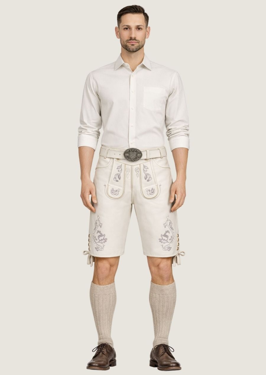 Weiße Herren Lederhose aus Ziegenveloursleder – Vorderansicht
