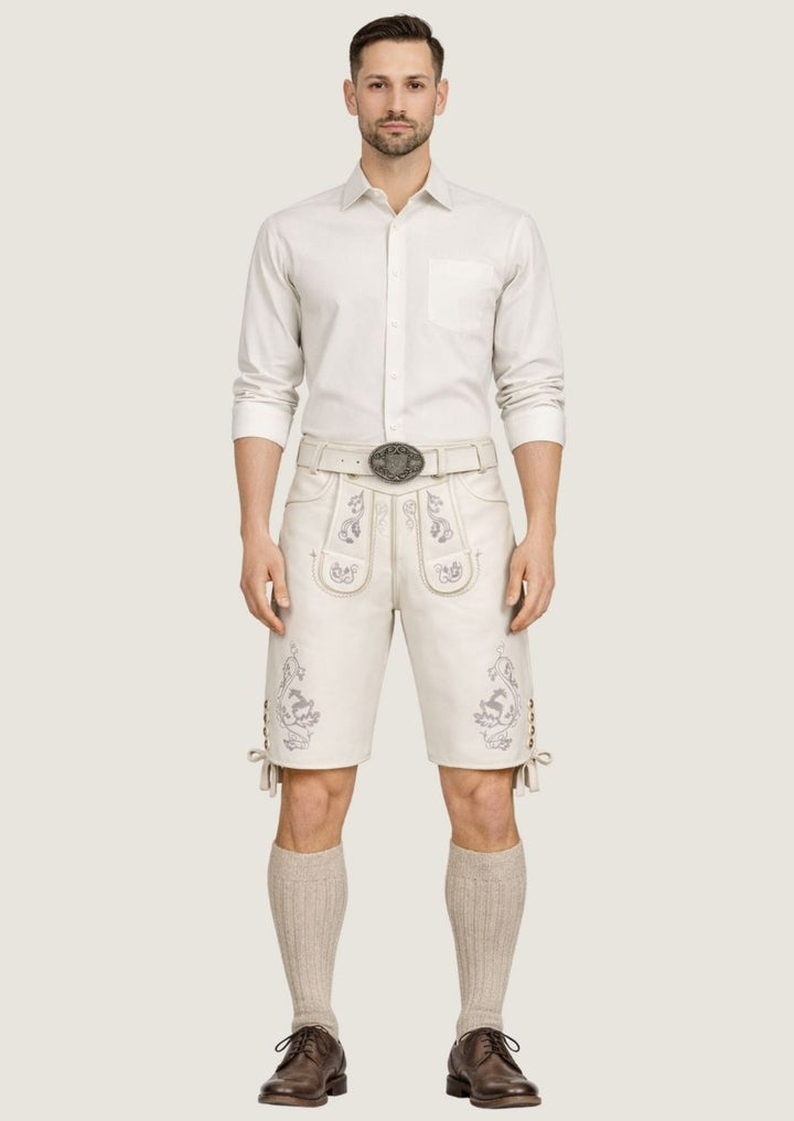 Weiße Herren Lederhose aus Ziegenveloursleder – Vorderansicht