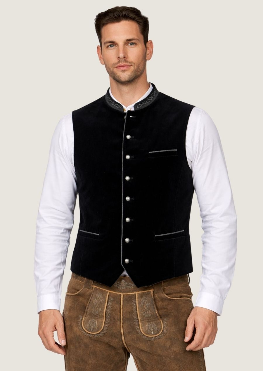 Klassische schwarze Samt Hochzeitsweste mit eleganter Kragenstickerei