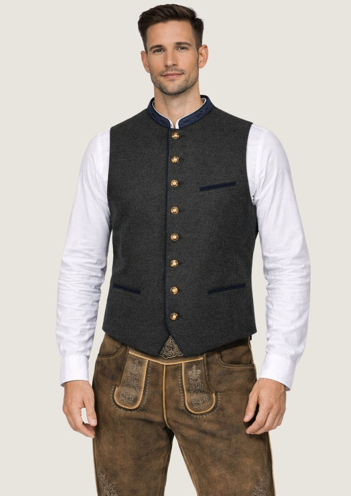 Klassische schwarze Wollweste im traditionellen Stil mit feiner Kragenstickerei