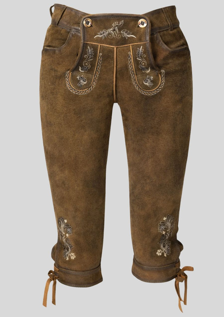 Detail Stickerei braune Damen Kniebundlederhose