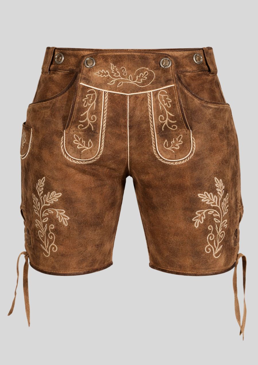 Detailansicht der braunen Damen Lederhose mit weißer Stickerei