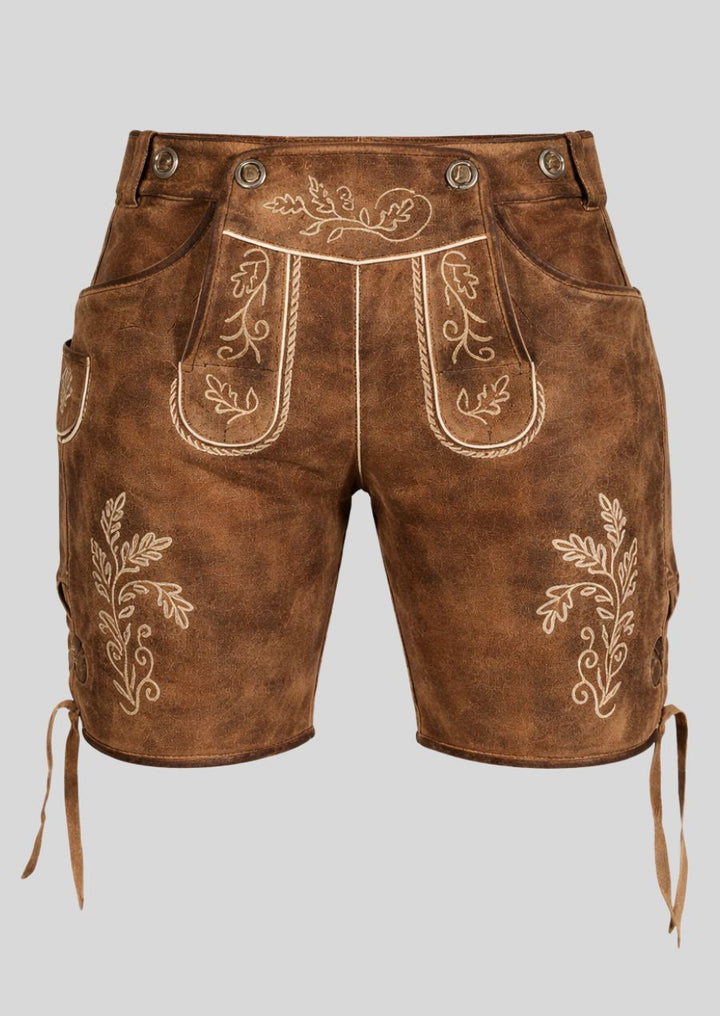 Detailansicht der braunen Damen Lederhose mit weißer Stickerei