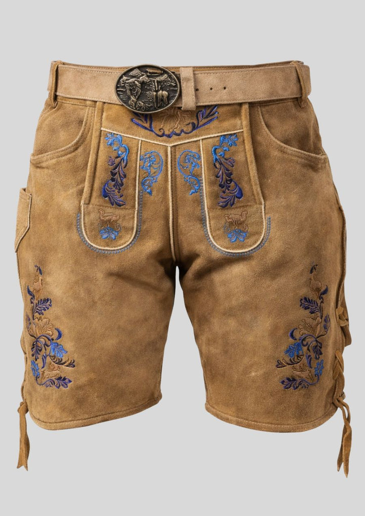 Detail der blauen Hirsch und Blumen Stickerei Lederhose