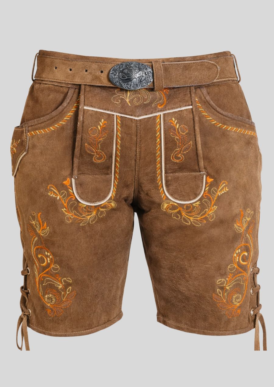 Detail der gelben und orangen Stickerei auf Lederhose