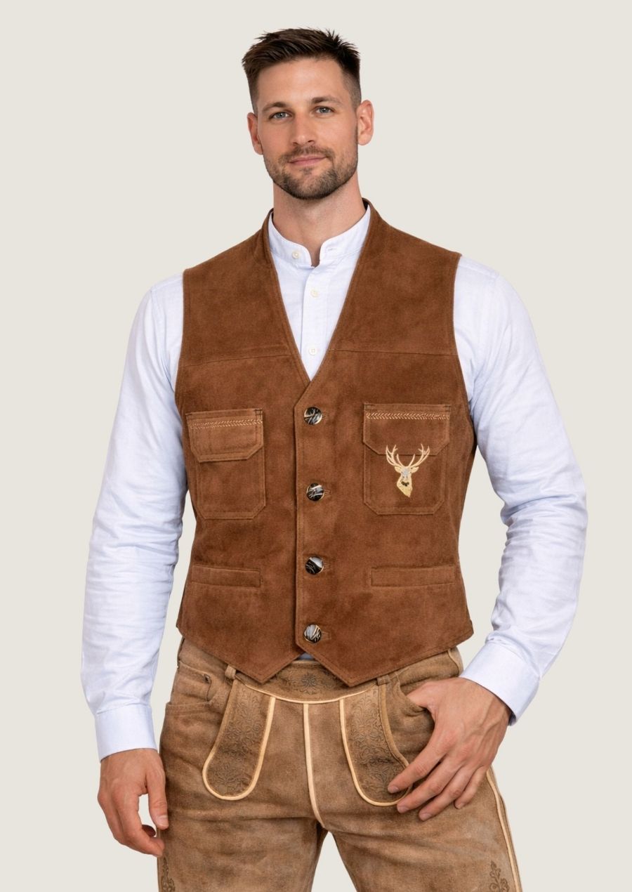 Münchner Wiesn Weste aus hochwertigem Ziegenleder mit traditioneller Hirsch Stickerei