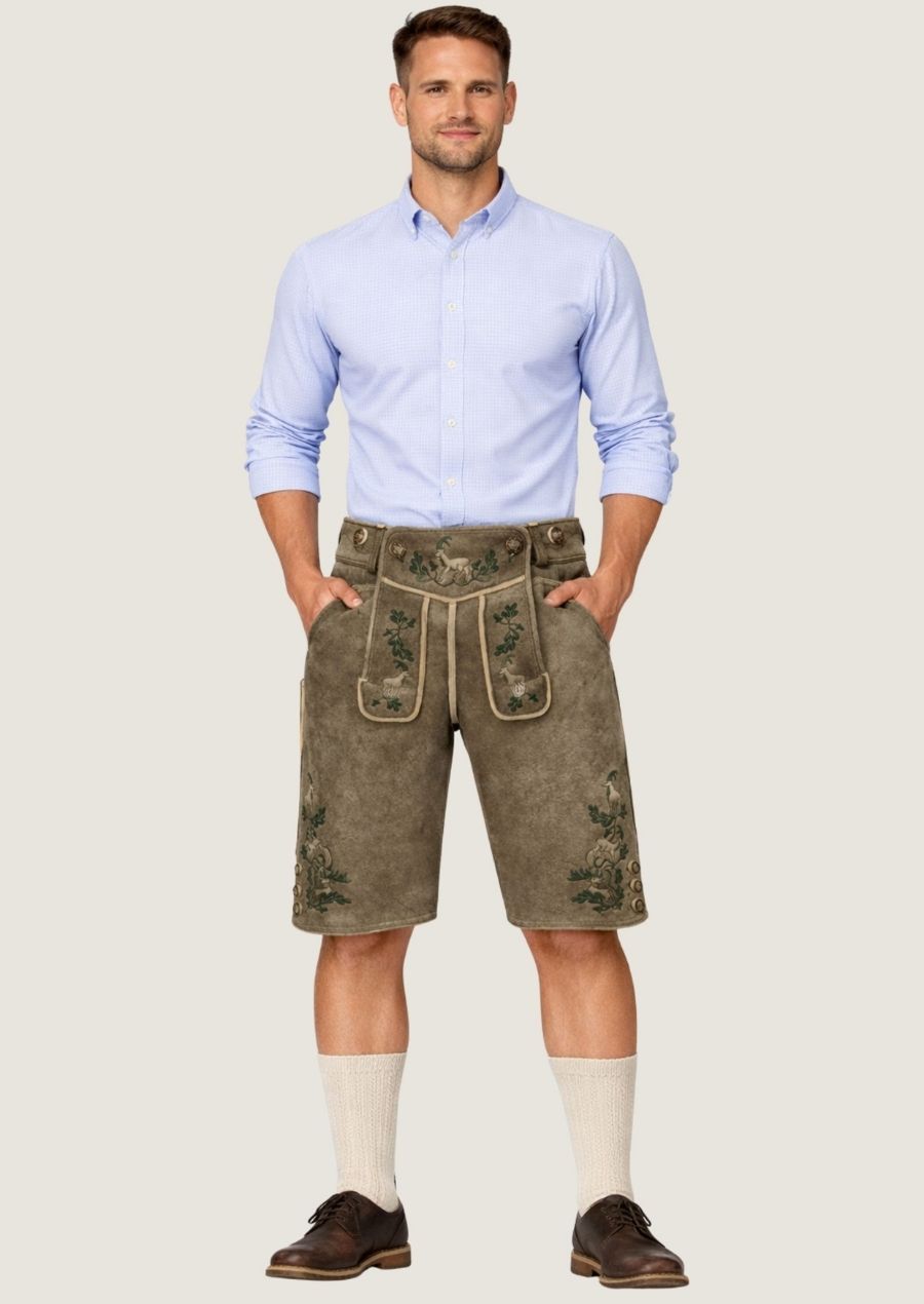 Braune Wildleder Lederhose für Herren im klassischen Trachtenstil, ideal für das Oktoberfest