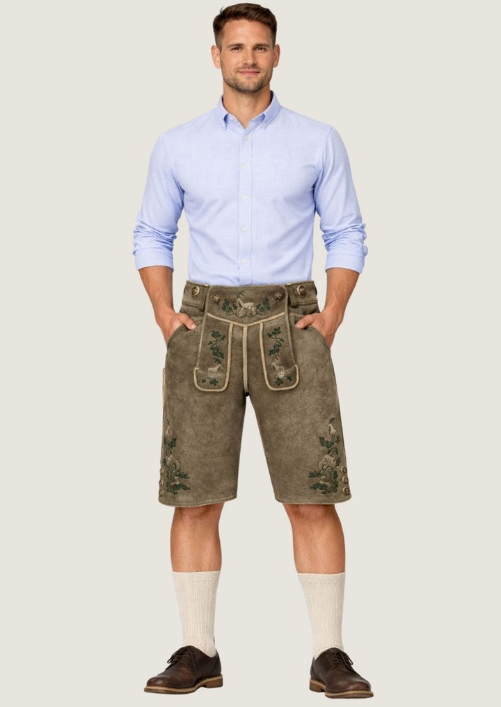 Braune Wildleder Lederhose für Herren im klassischen Trachtenstil, ideal für das Oktoberfest