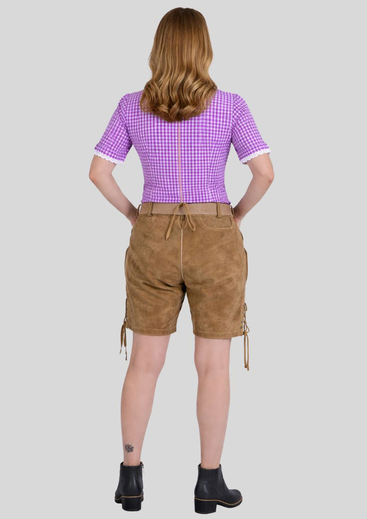 Braune Trachten Lederhose Damen mit blauer Hirsch Stickerei