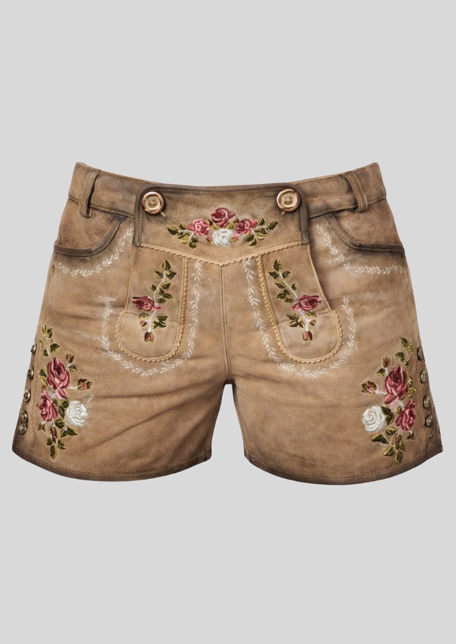Braune Trachten Lederhose Damen mit floralen Stickereien