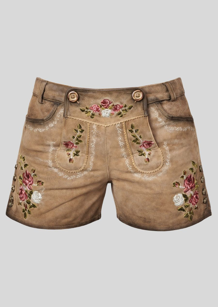 Braune Trachten Lederhose Damen mit floralen Stickereien