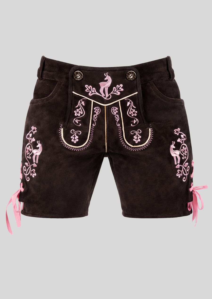 Schwarze Damen Lederhose mit rosa Hirsch und Blumen Stickerei