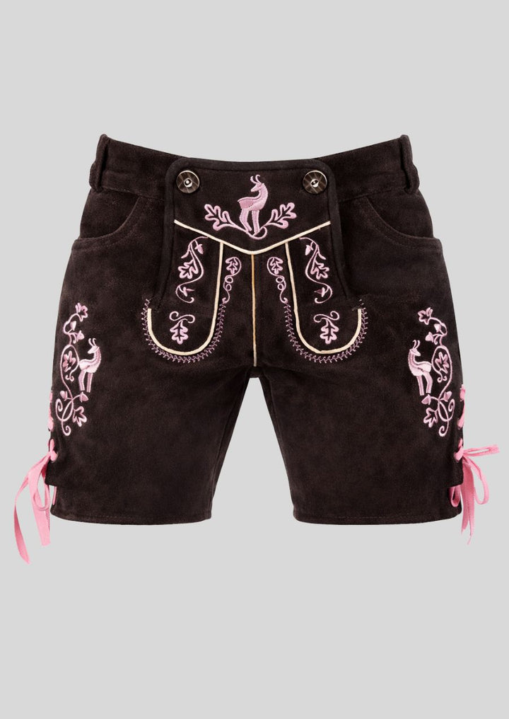 Schwarze Damen Lederhose mit rosa Hirsch und Blumen Stickerei