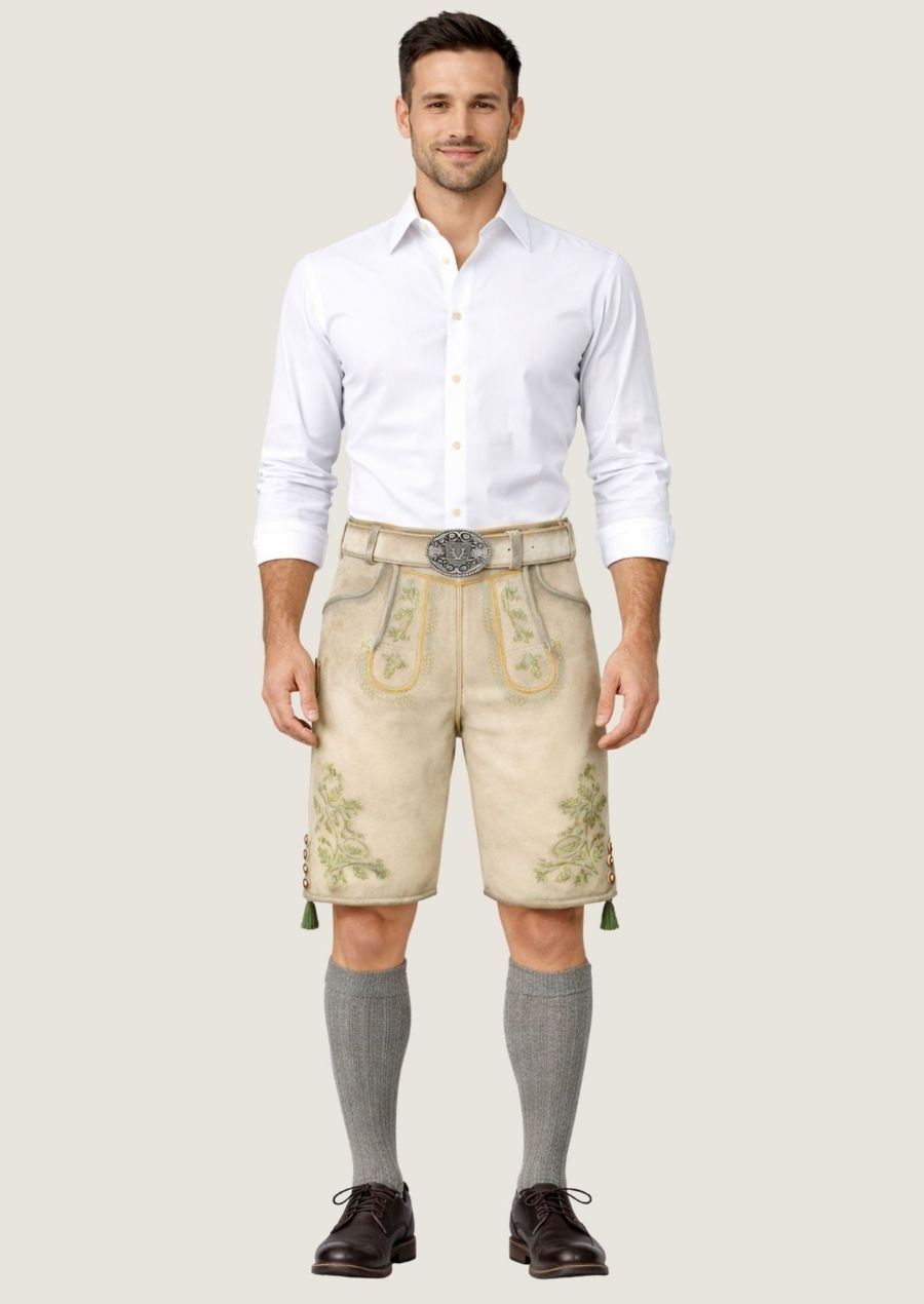 Prämie beige Ziegenvelours Lederhose für Herren aus weichem Wildleder im Trachtenstil
