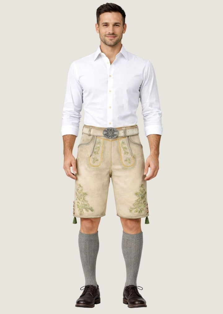 Prämie beige Ziegenvelours Lederhose für Herren aus weichem Wildleder im Trachtenstil