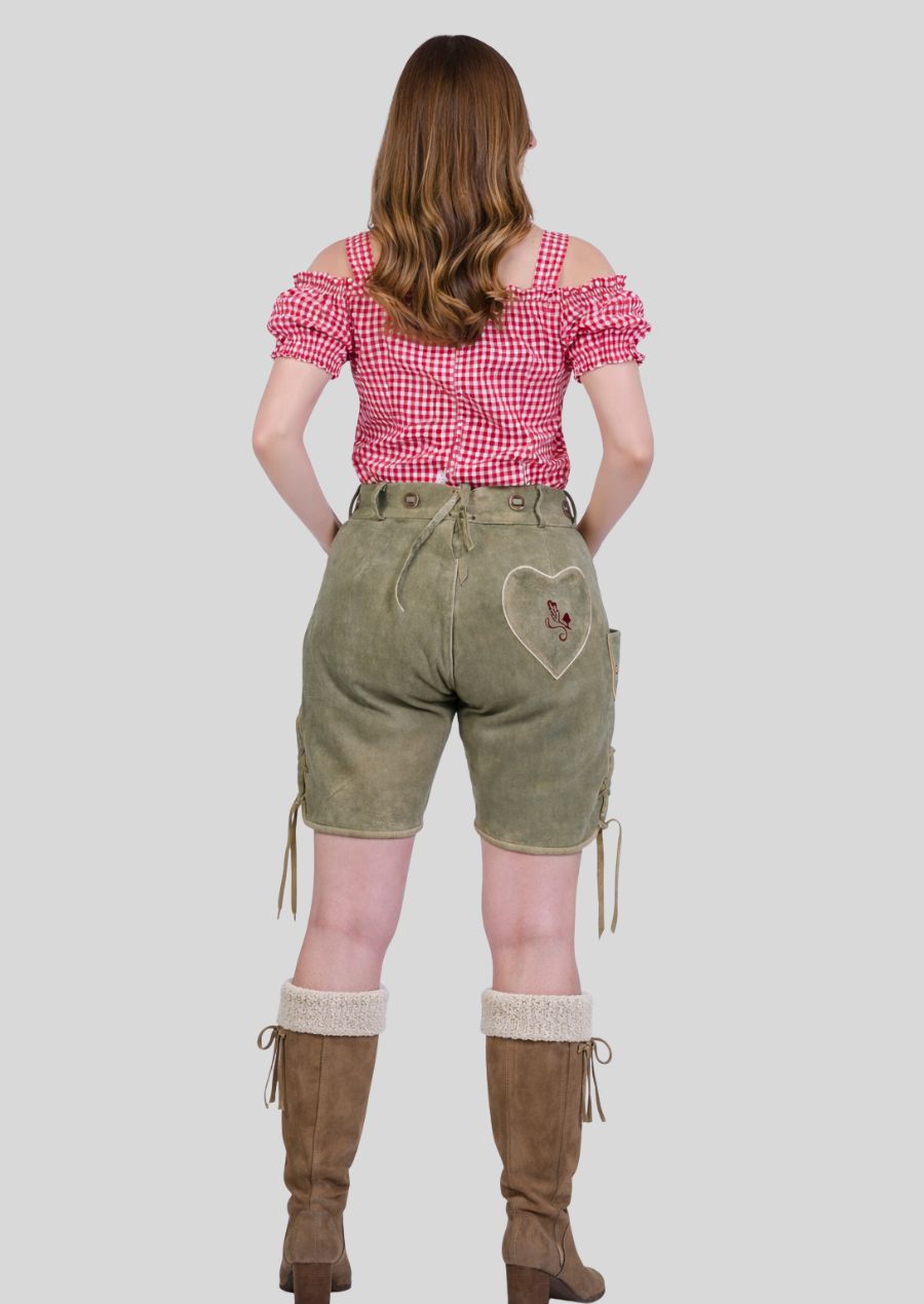 Rückansicht der antik braunen Damen Lederhose Trachtenstil