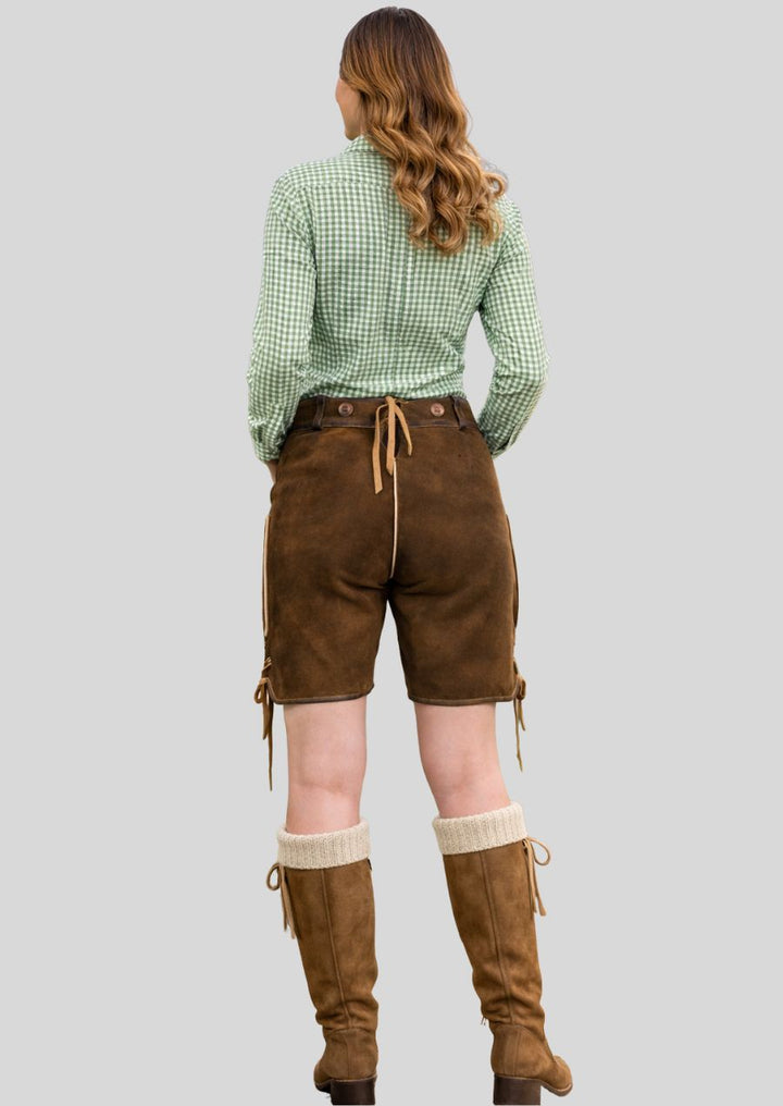 Rückansicht der braunen Damen Lederhose im Trachtenstil