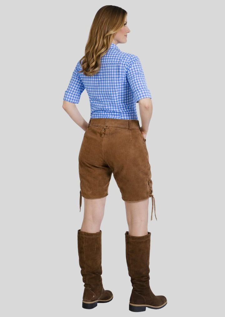 Rückansicht der braunen Damen Lederhose Trachtenstil