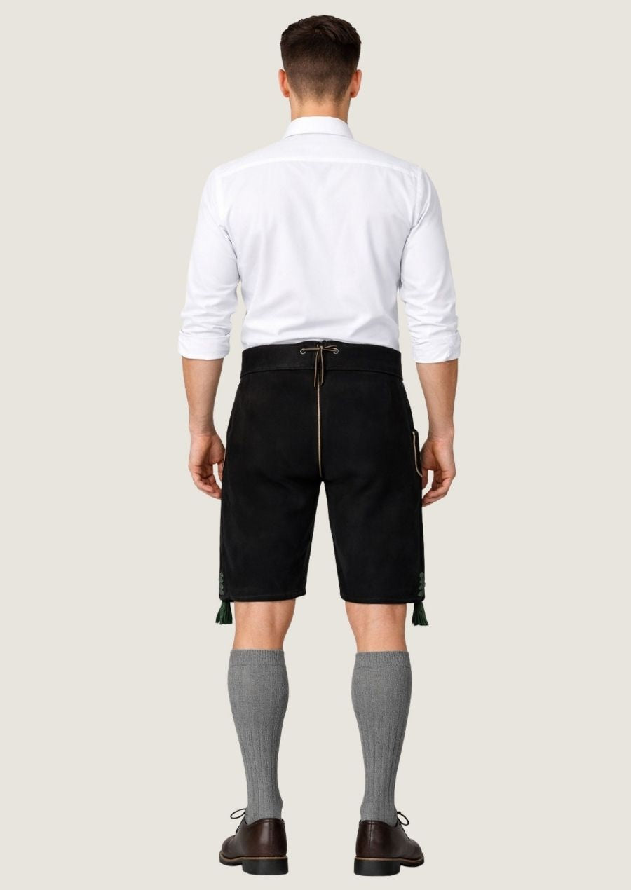 Traditionelle schwarze Ziegenvelours Lederhose für Herren im klassischen Trachtenlook