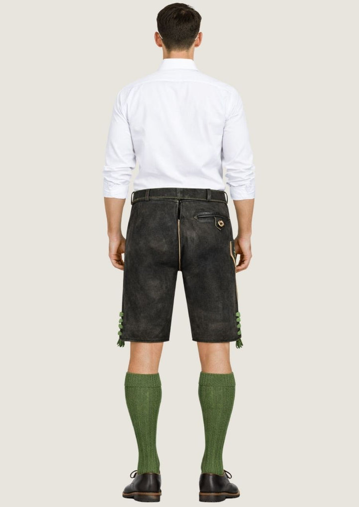 Herren Lederhose in Schwarz mit Antik-Optik und grüner Stickerei im Trachtenstil