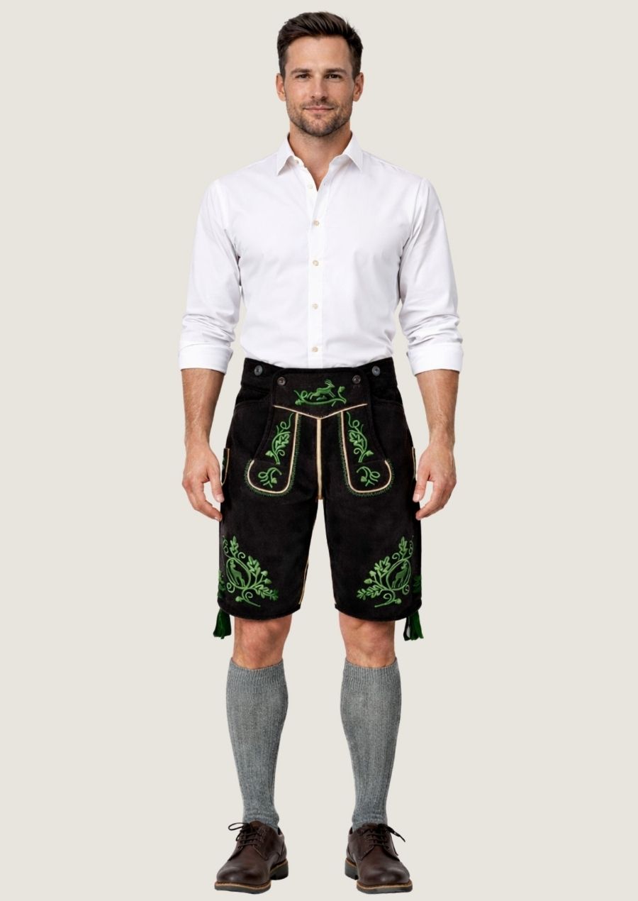 Schwarze Ziegenvelours Lederhose für Herren aus weichem Wildleder im Trachtenstil