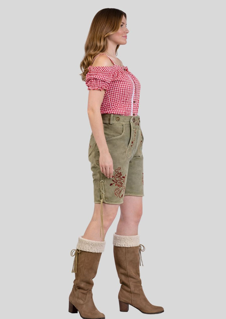 Seitenansicht einer antik braunen Damen Lederhose aus Velours
