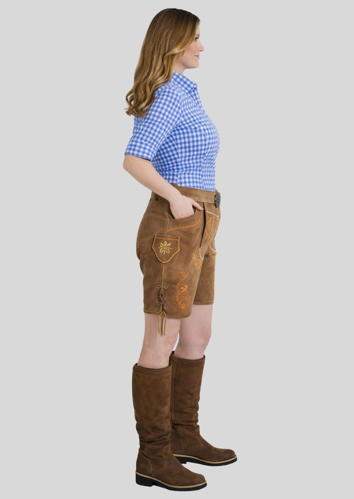 Seitenansicht einer braunen Damen Lederhose aus Velours