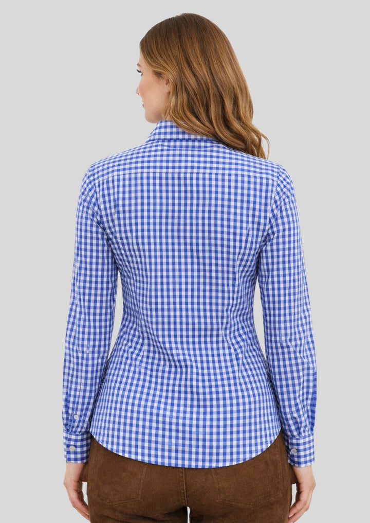 Rückansicht blau kariertes Damen Trachtenhemd