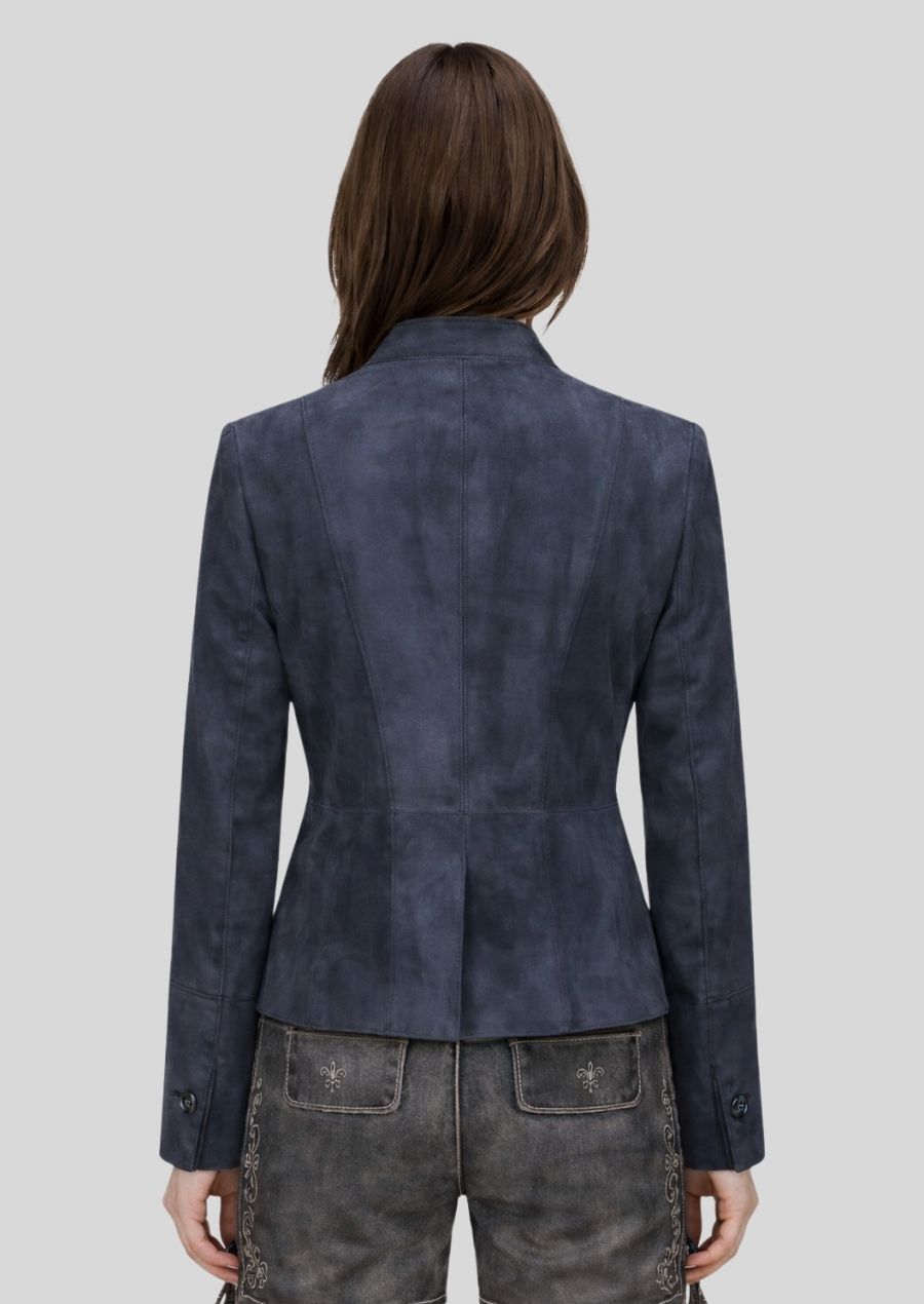 Blaue Trachtenlederjacke Damen Rückansicht