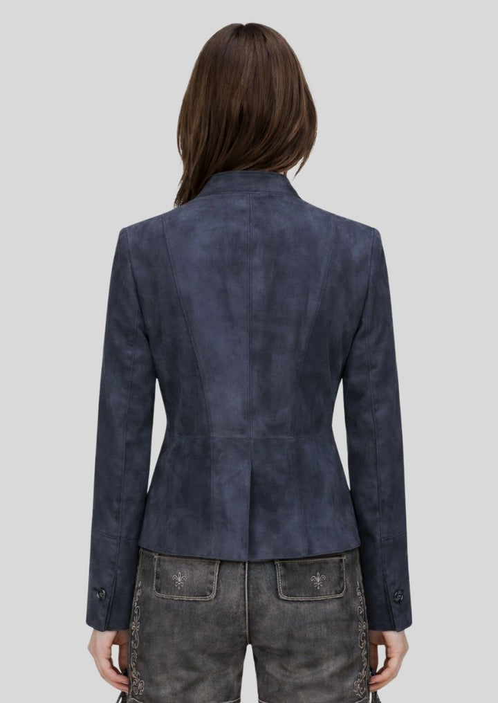 Blaue Trachtenlederjacke Damen Rückansicht