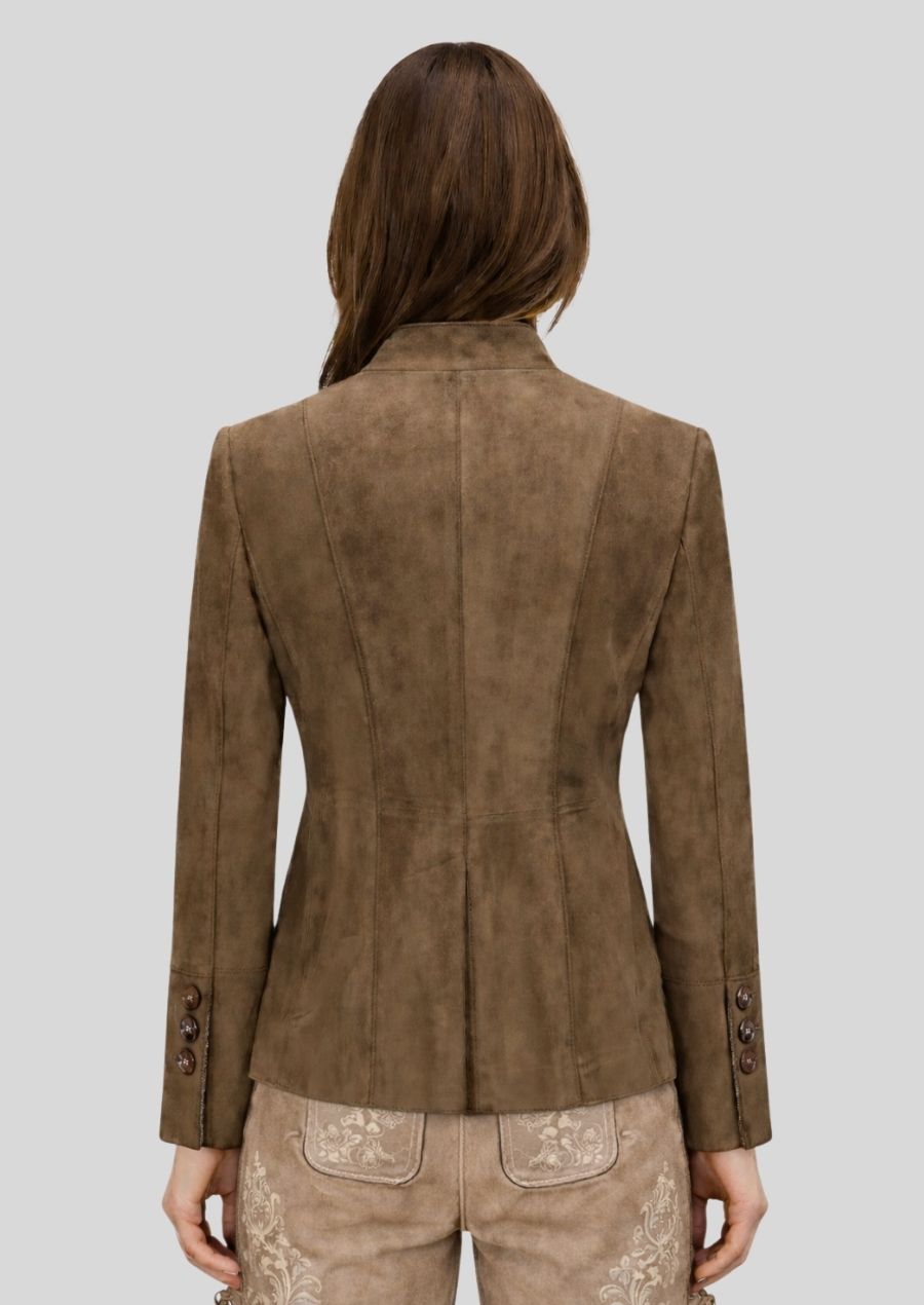 Braune Trachtenlederjacke Damen Rückansicht