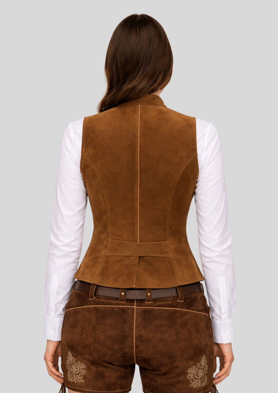 Rückseite braune Damen Trachtenweste Leder