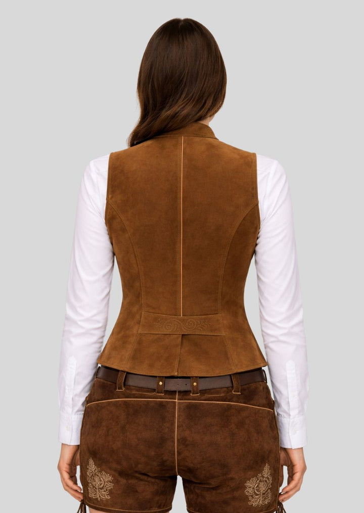 Rückseite braune Damen Trachtenweste Leder