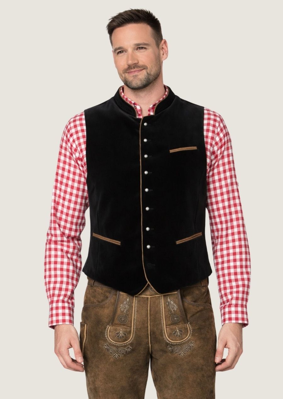 Herren Trachtenweste aus schwarzem Samt mit edler Zierstickerei im klassischen Stil